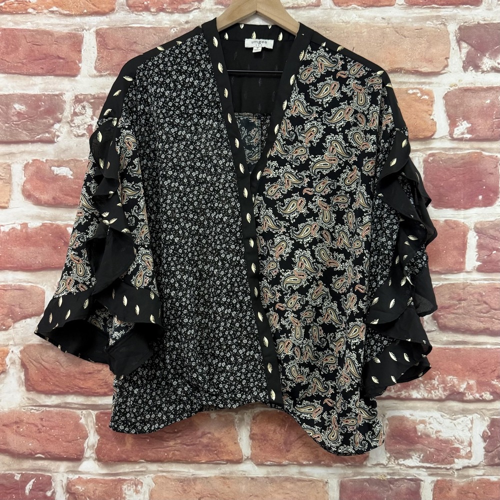 Umgee Top Women's M Black Multicolor Metallic Boho Ditsy Floral Abstract Shirt